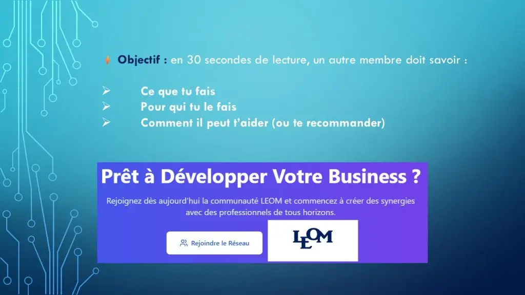 Objectif : en 30 secondes de lecture, un autre membre doit savoir : Qui tu es Ce que tu fais Pour qui tu le fais Comment il peut t’aider (ou te recommander)